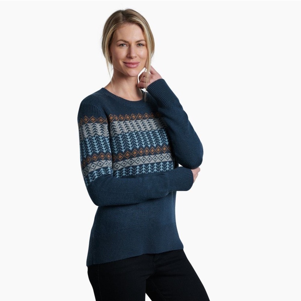 KUHL Women XL Blue Fair Isle Merino Wool Blend Crew Neck Sweater